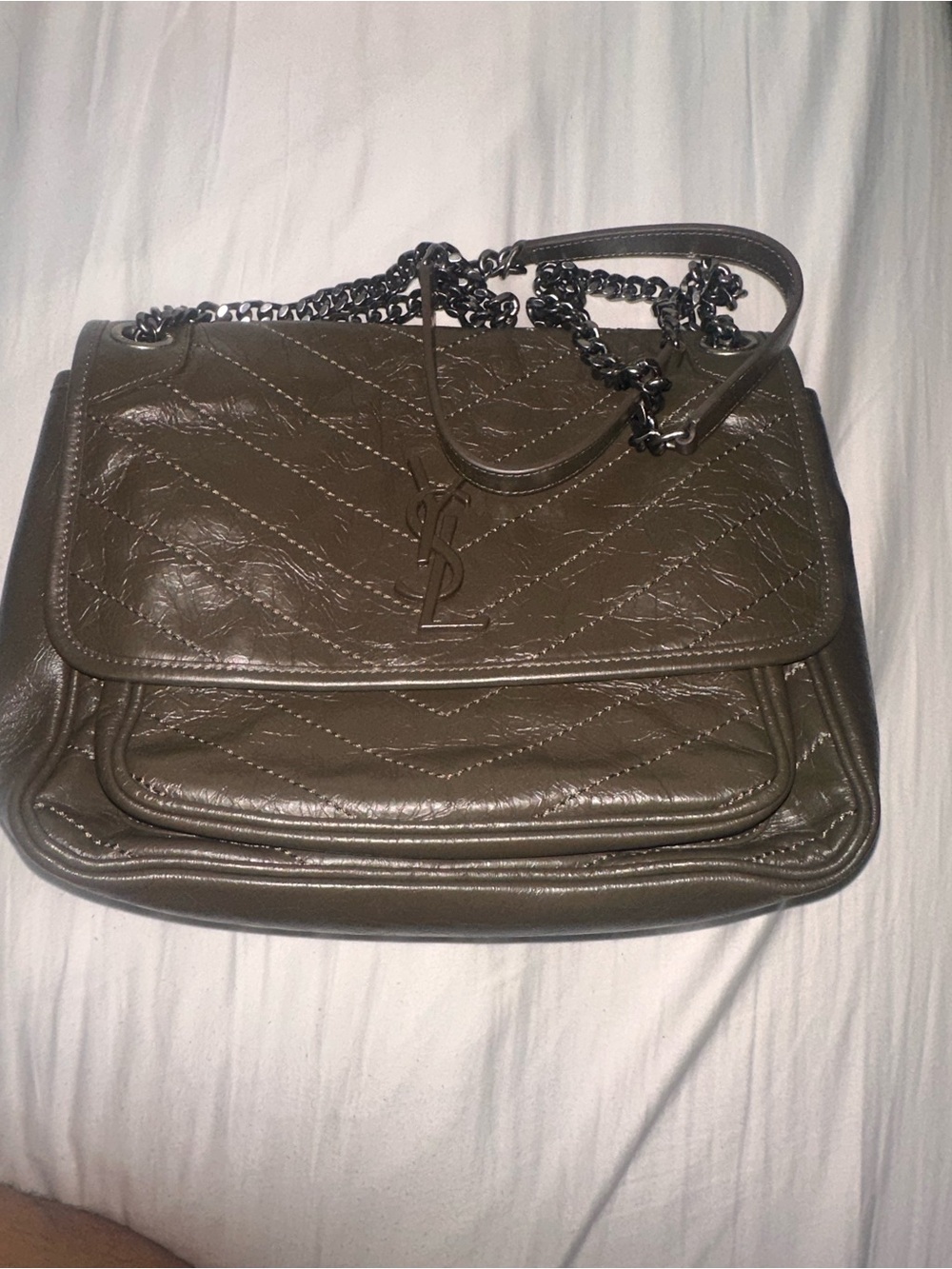 Saint Laurent Quilted Shoulder Bag in Olive Taupe
